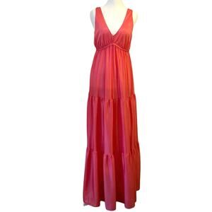 Vintage 70s Maxi Nylon Babydoll Slip Dress M Tiered Coral Pink Nightgown Lingeri